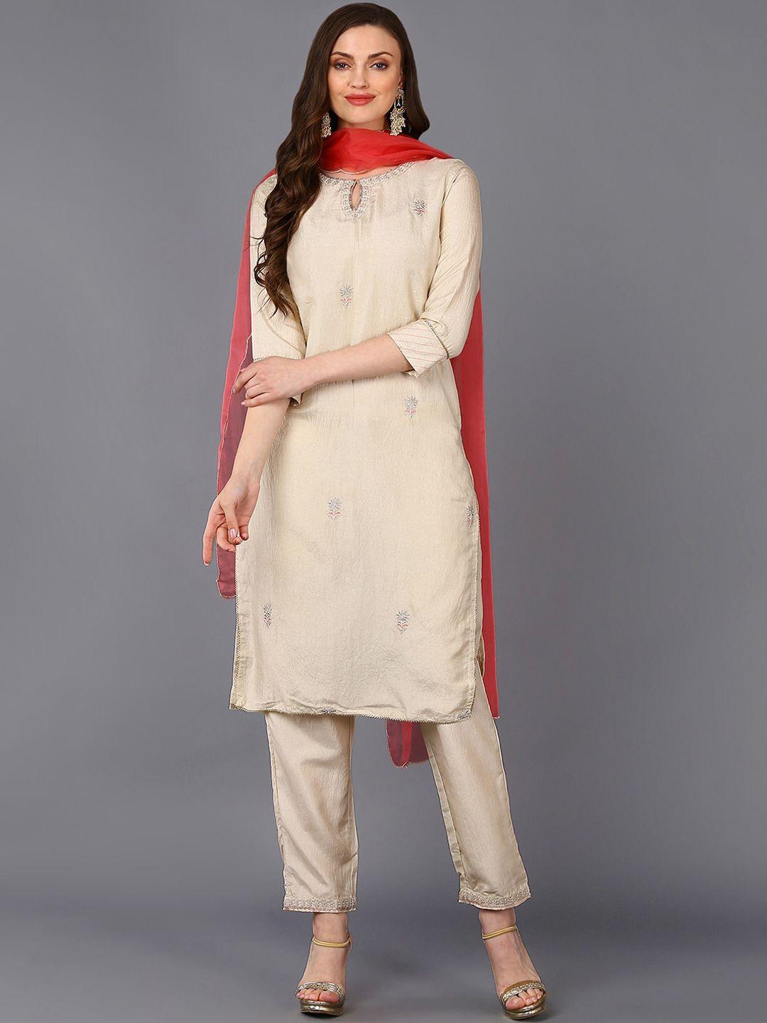 ahika women beige floral embroidered thread work kurta with trousers & dupatta