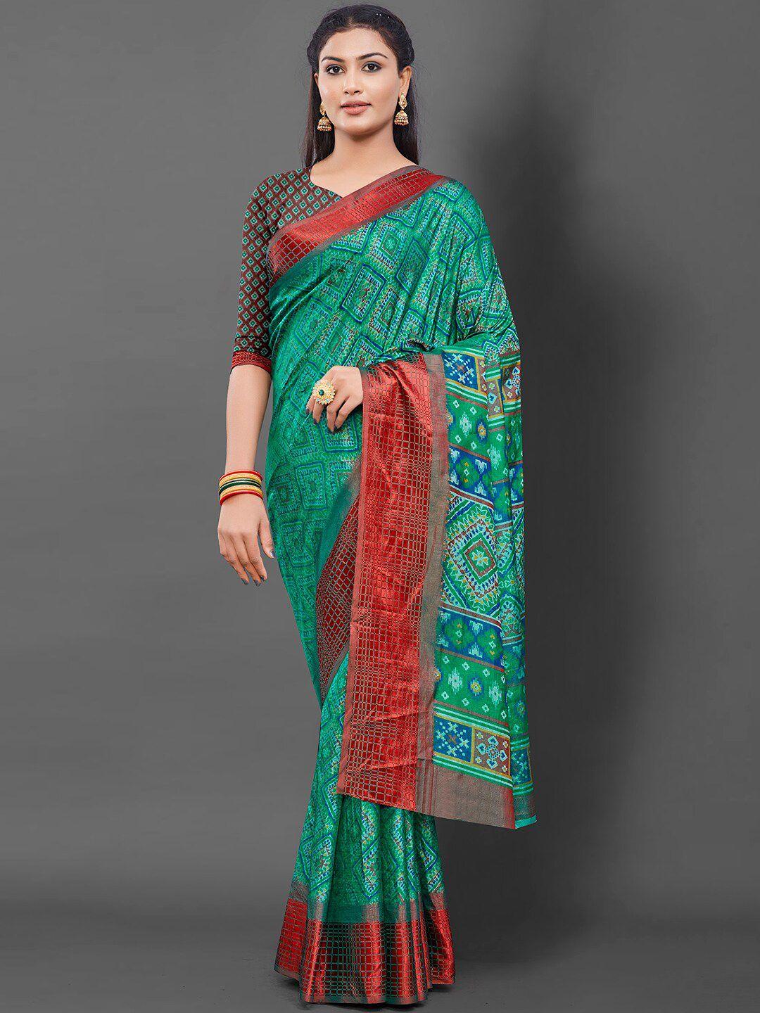 mitera green & red ethnic motifs printed bagru saree