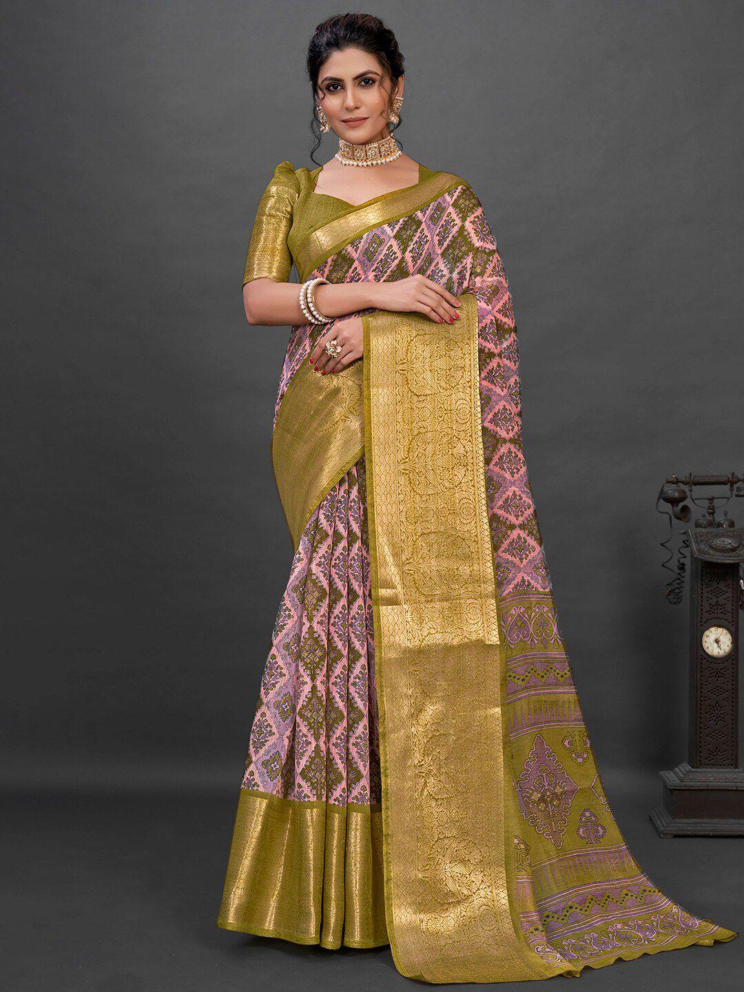 mitera pink & gold-toned ethnic motifs woven design zari sungudi saree