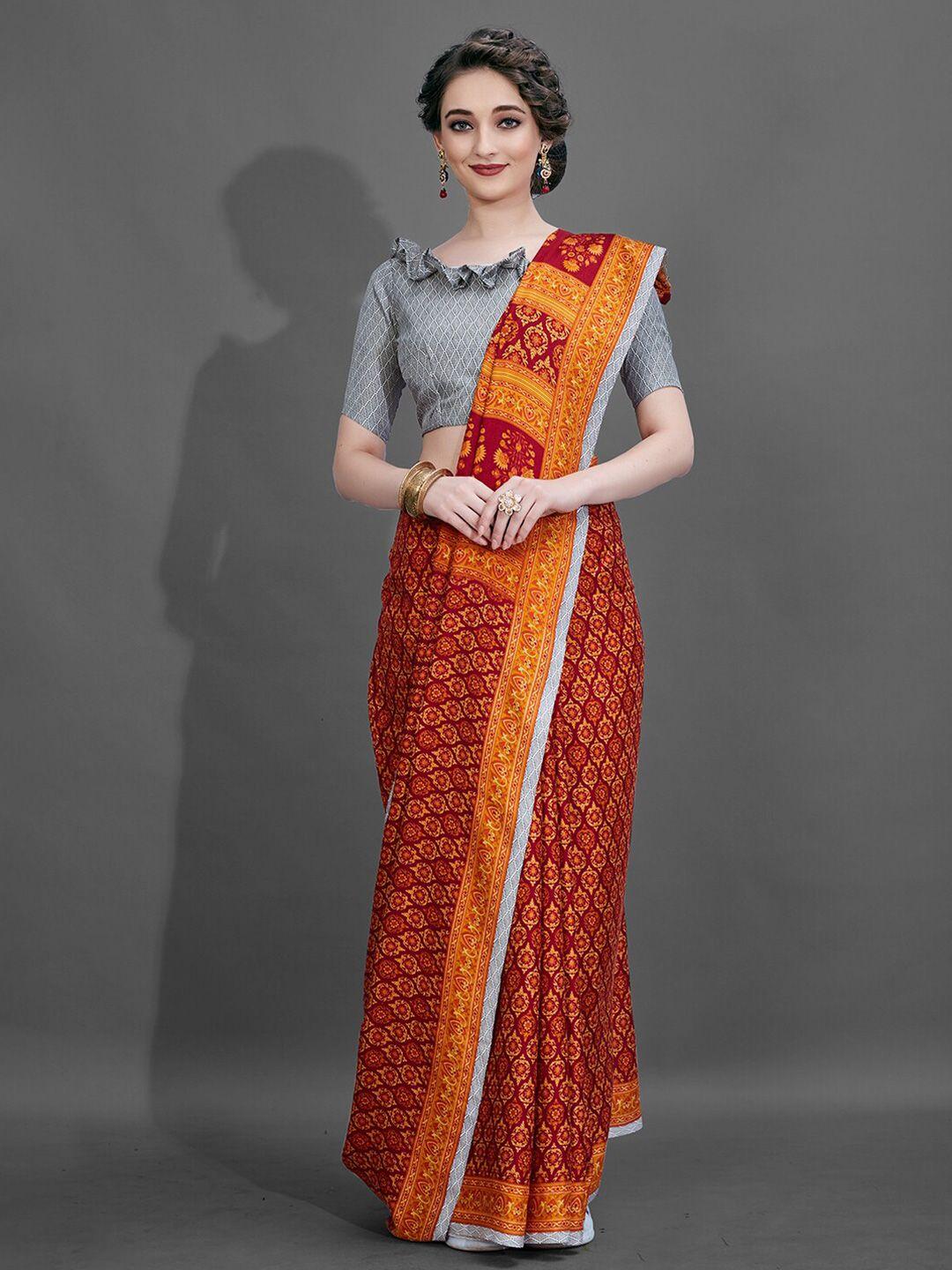 mitera maroon & orange bagh dabu pashmina saree