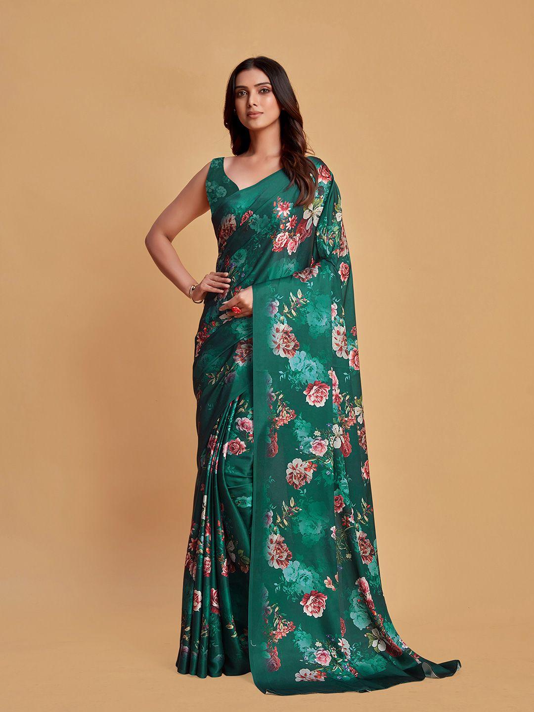 sangria green floral printed satin saree