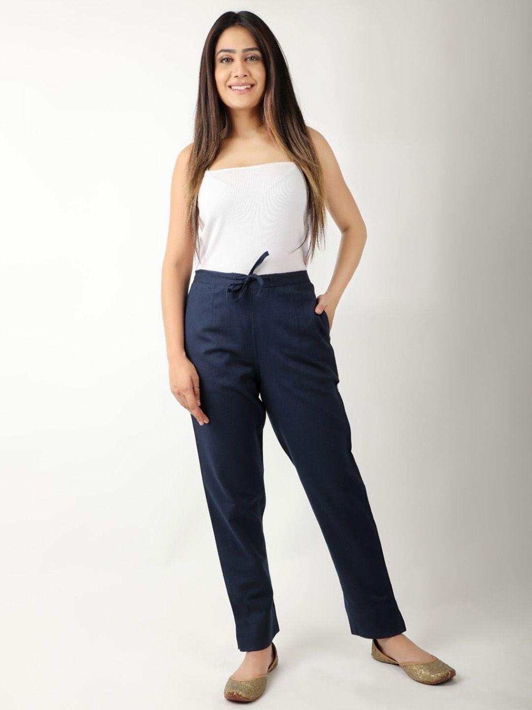 sangria women navy blue cotton regular trousers