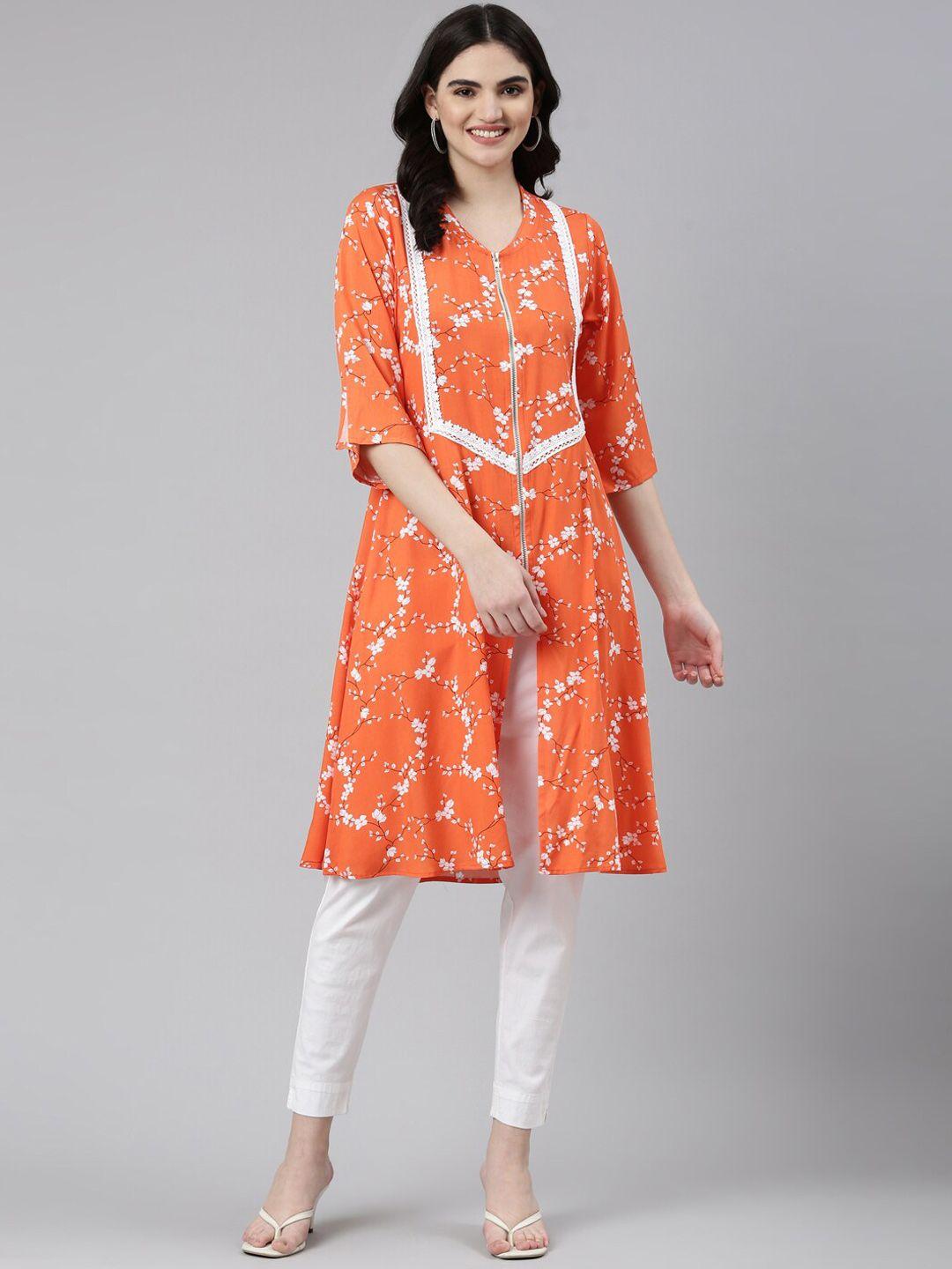 neerus floral printed flared sleeves a-line kurta