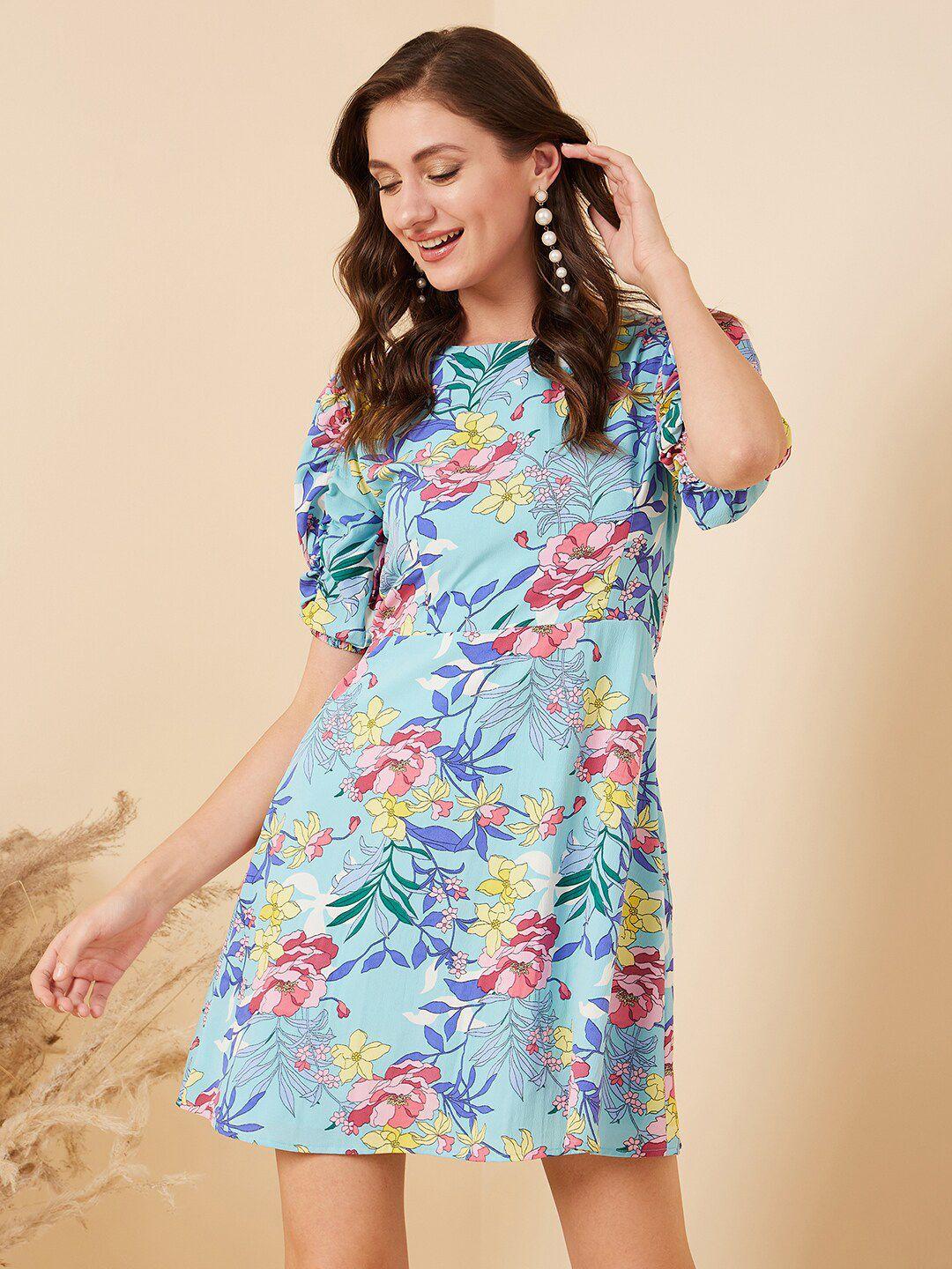 rare blue floral printed a-line puff sleeves mini dress