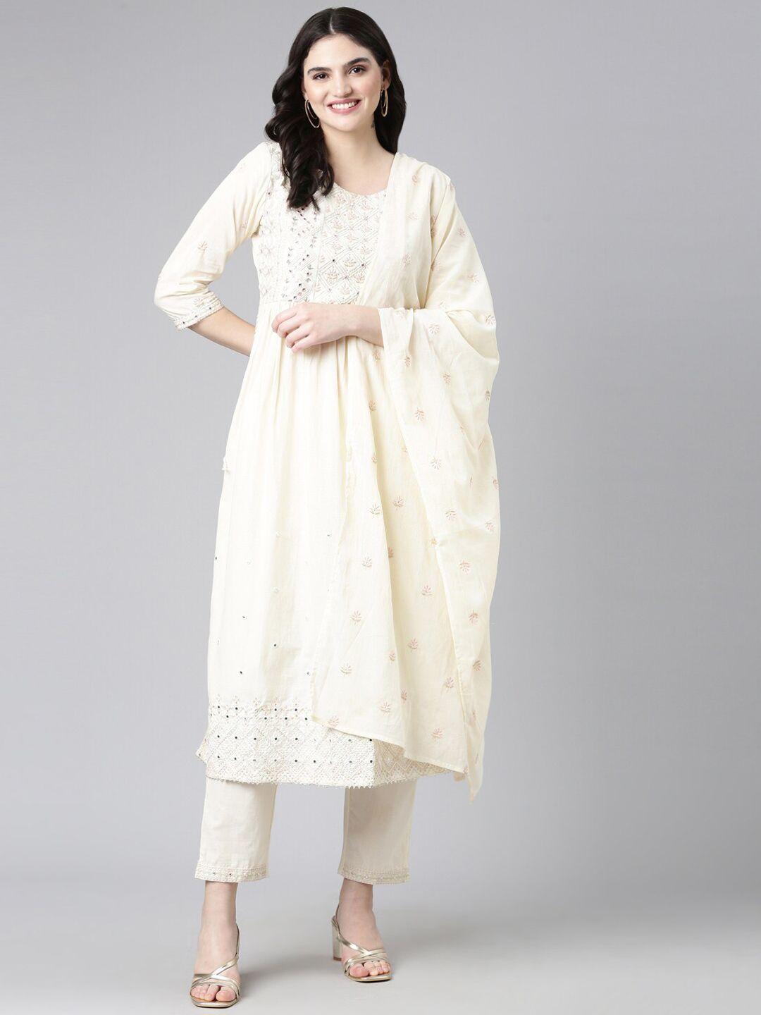 neerus ethnic motifs embroidered mirror work pure cotton kurta with trousers & dupatta