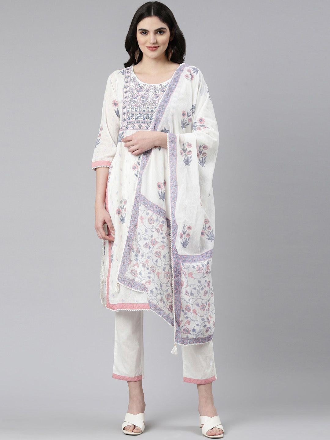 neerus floral printed regular thread work linen kurta with trousers & dupatta