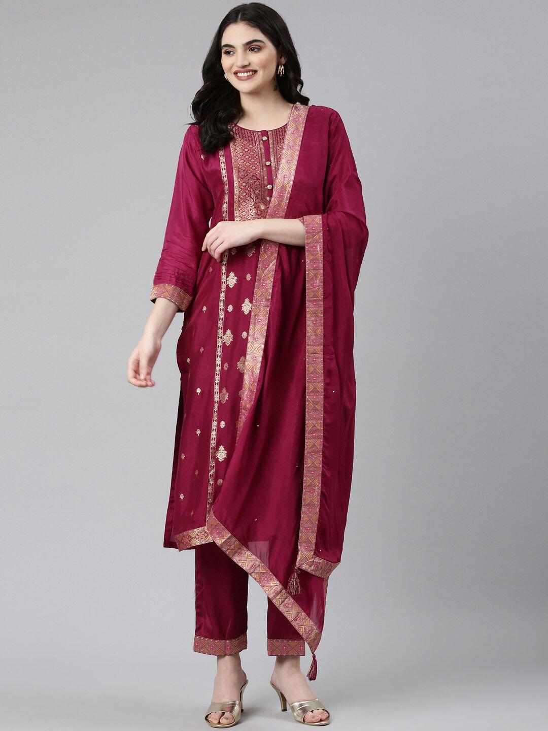 neerus ethnic motifs woven design regular kurta & trousers with dupatta