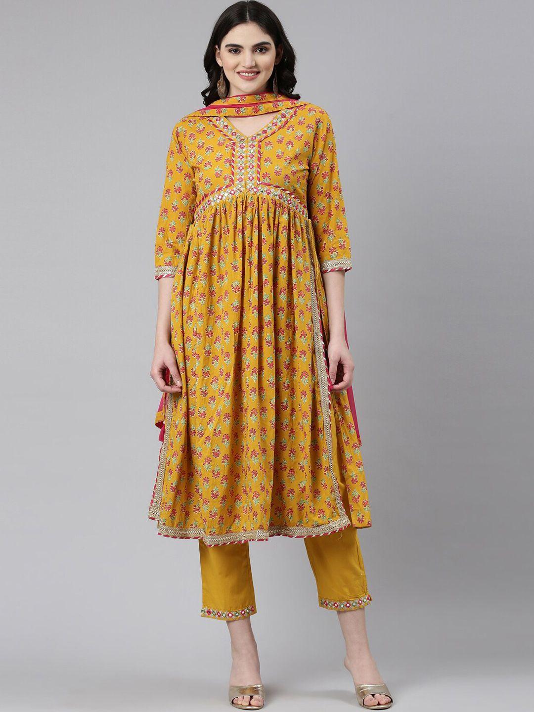 neerus floral printed pleated mirror work pure cotton kurta with trousers & dupatta