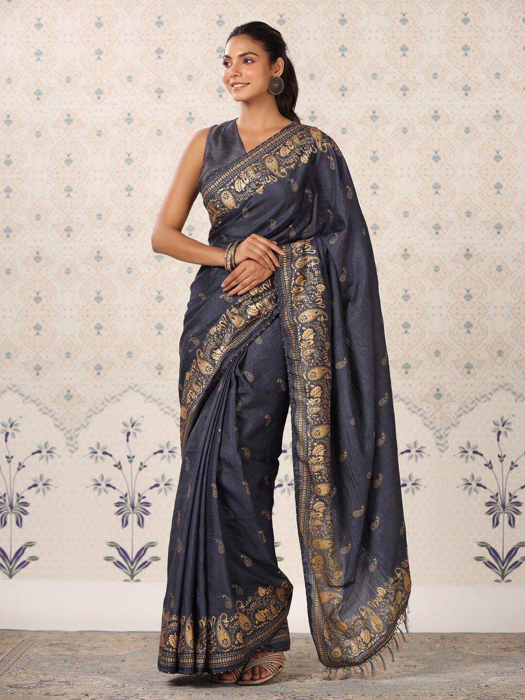 ode by house of pataudi grey & gold-toned paisley printed silk blend saree