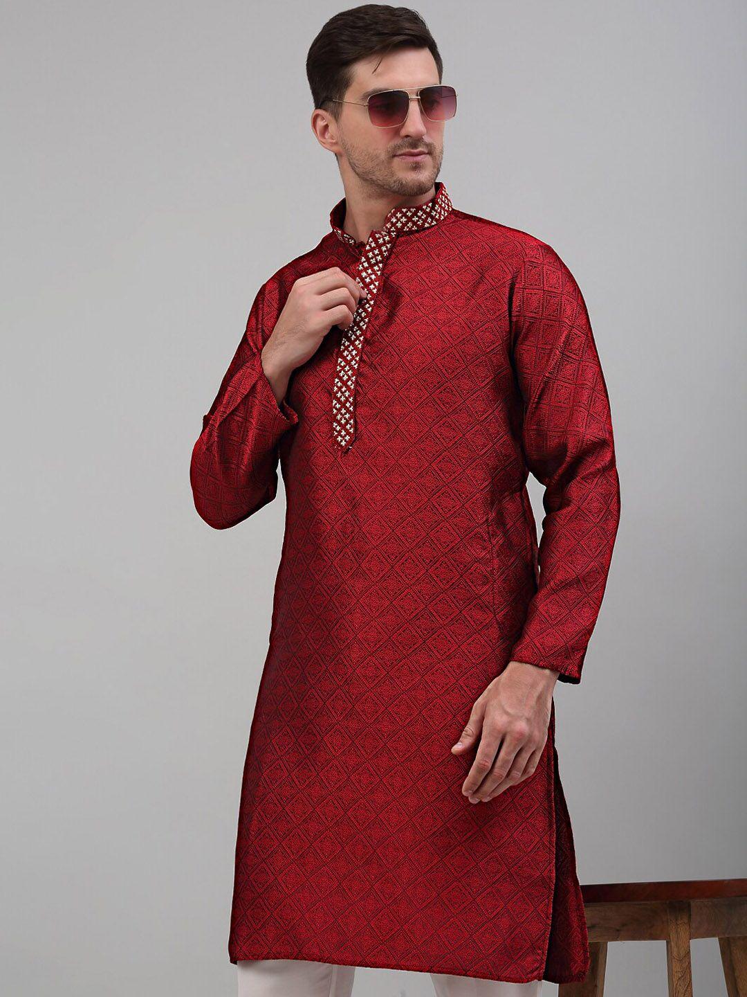 jompers geometric embroidered mandarin collar cotton silk kurta