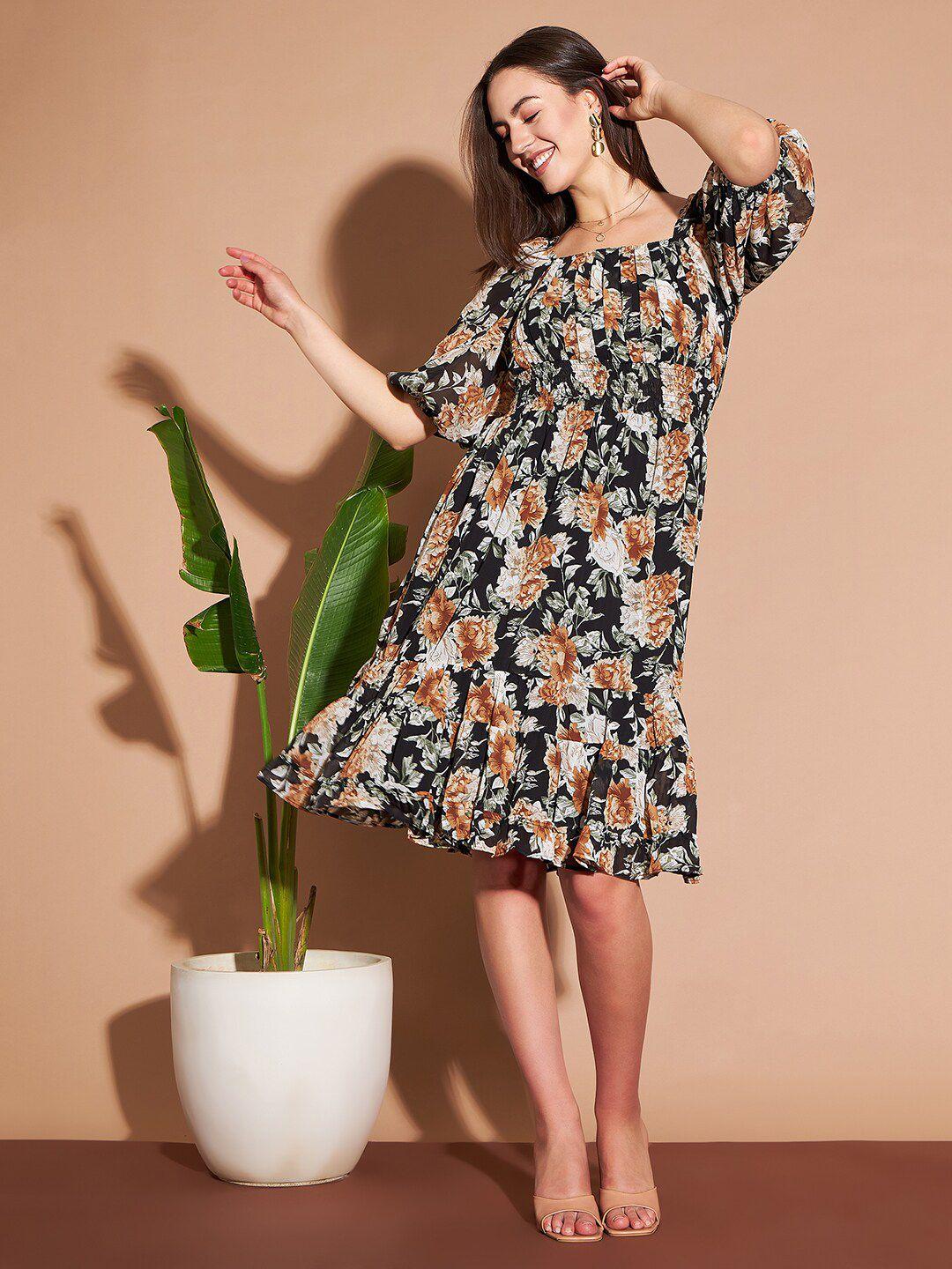 marie claire black floral printed georgette a-line dress