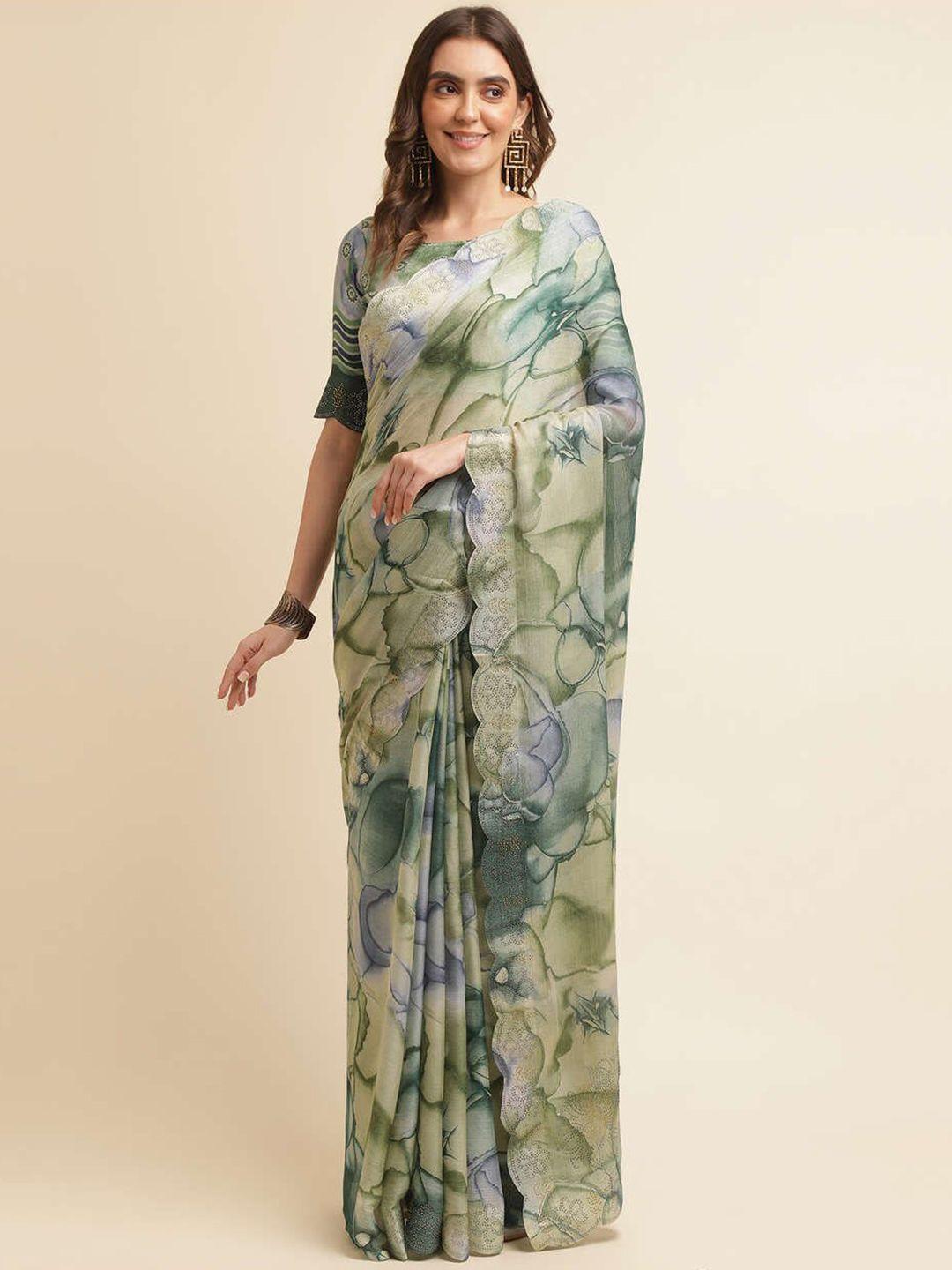 mitera green & yellow floral beads and stones pure chiffon saree