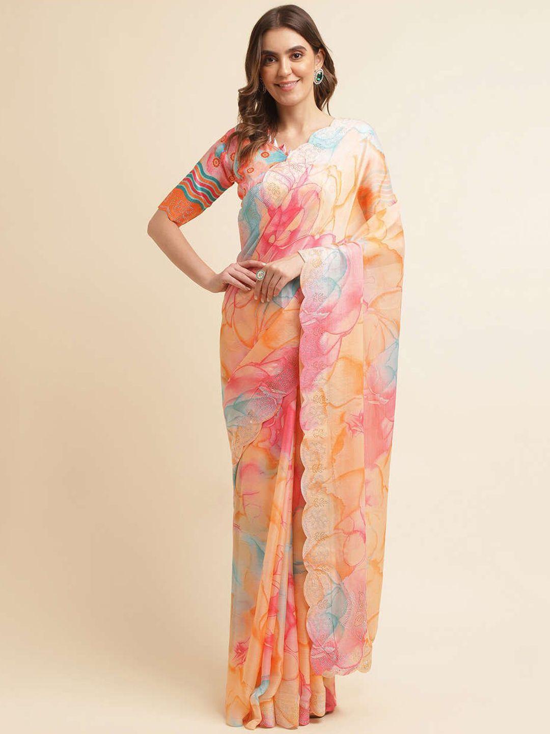 mitera orange & blue floral pure chiffon saree