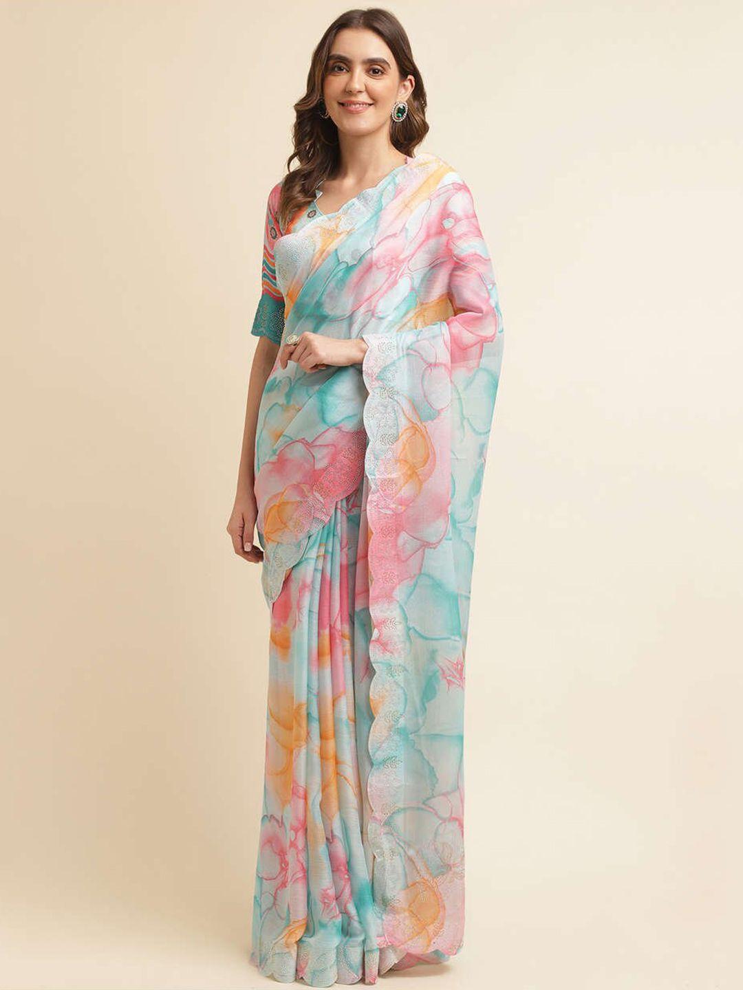 mitera blue & pink floral pure chiffon saree