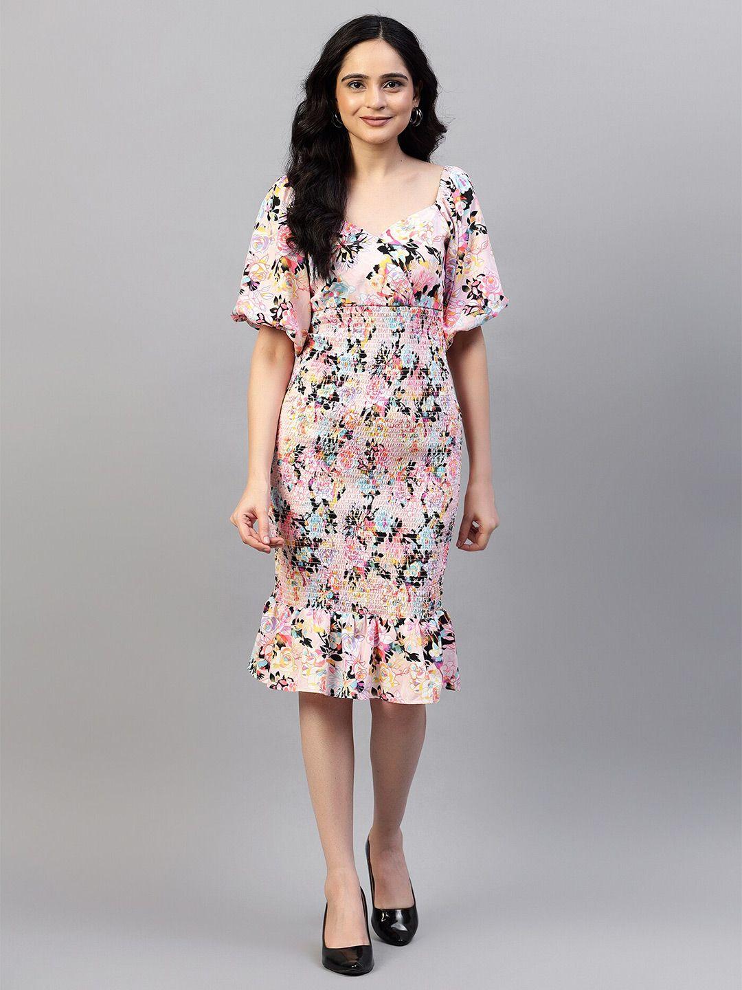 hencemade floral printed sweetheart neck puff sleeve smocked cotton bodycon dress