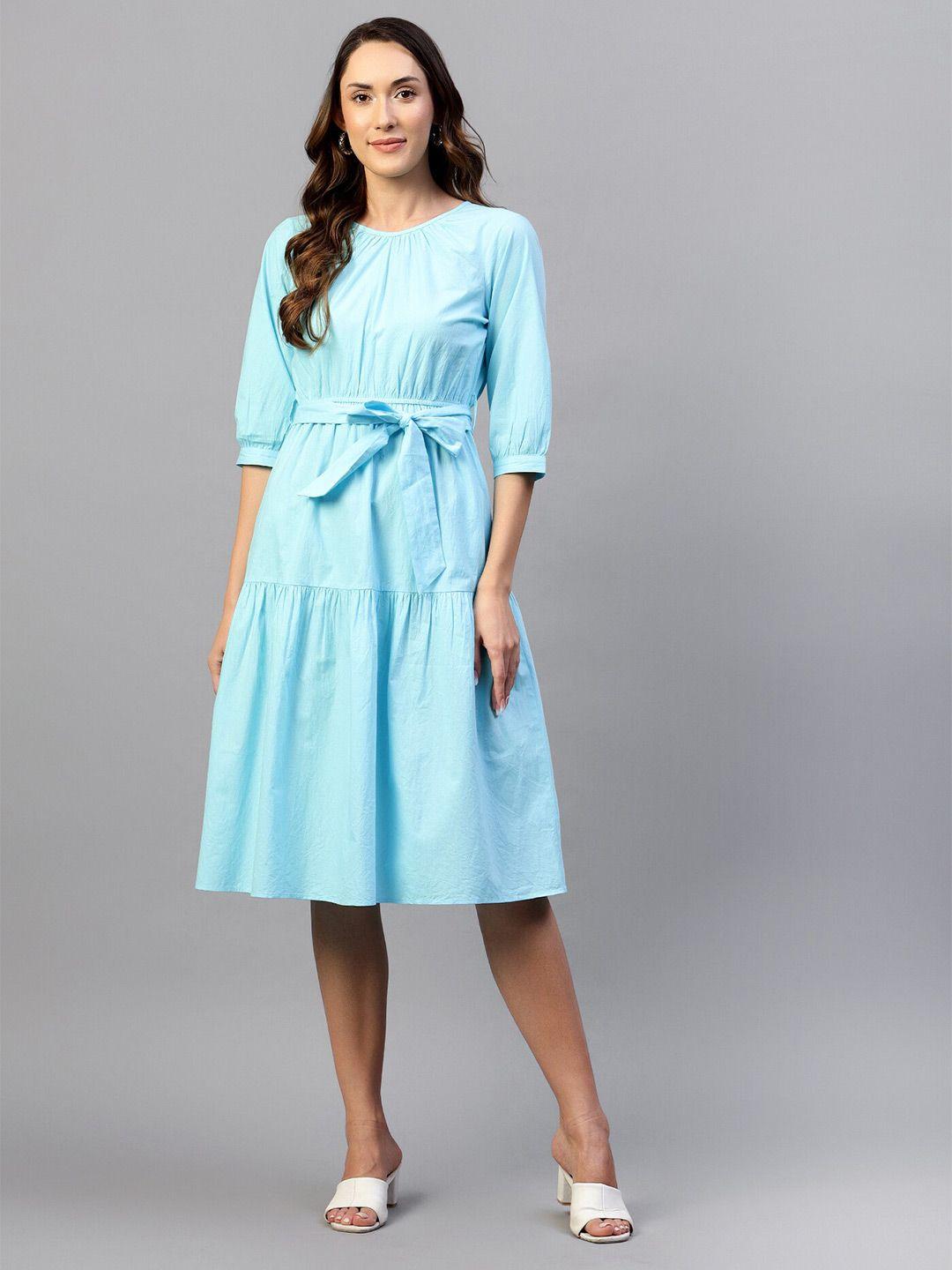 hencemade puff sleeves tie-up tiered fit & flare dress