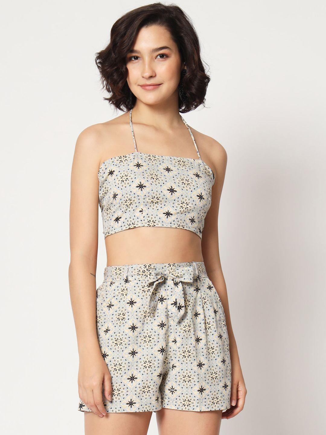 mitera grey printed crop top with shorts & shrug co-ords