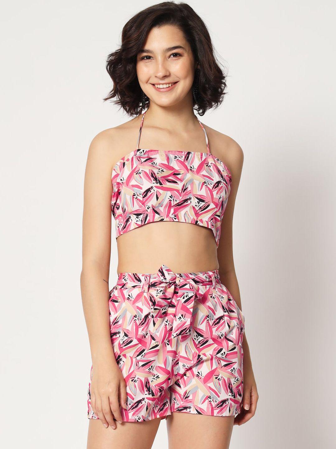 mitera printed crop top with shorts & shrug