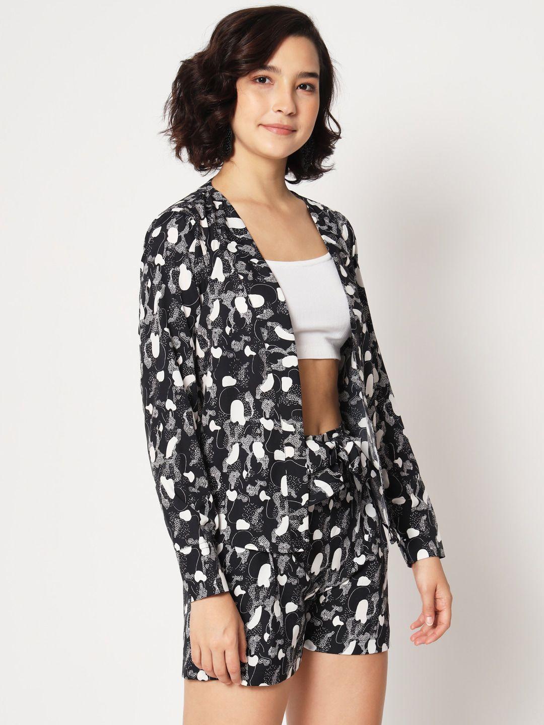 mitera black & white printed crop top with shorts & shrug