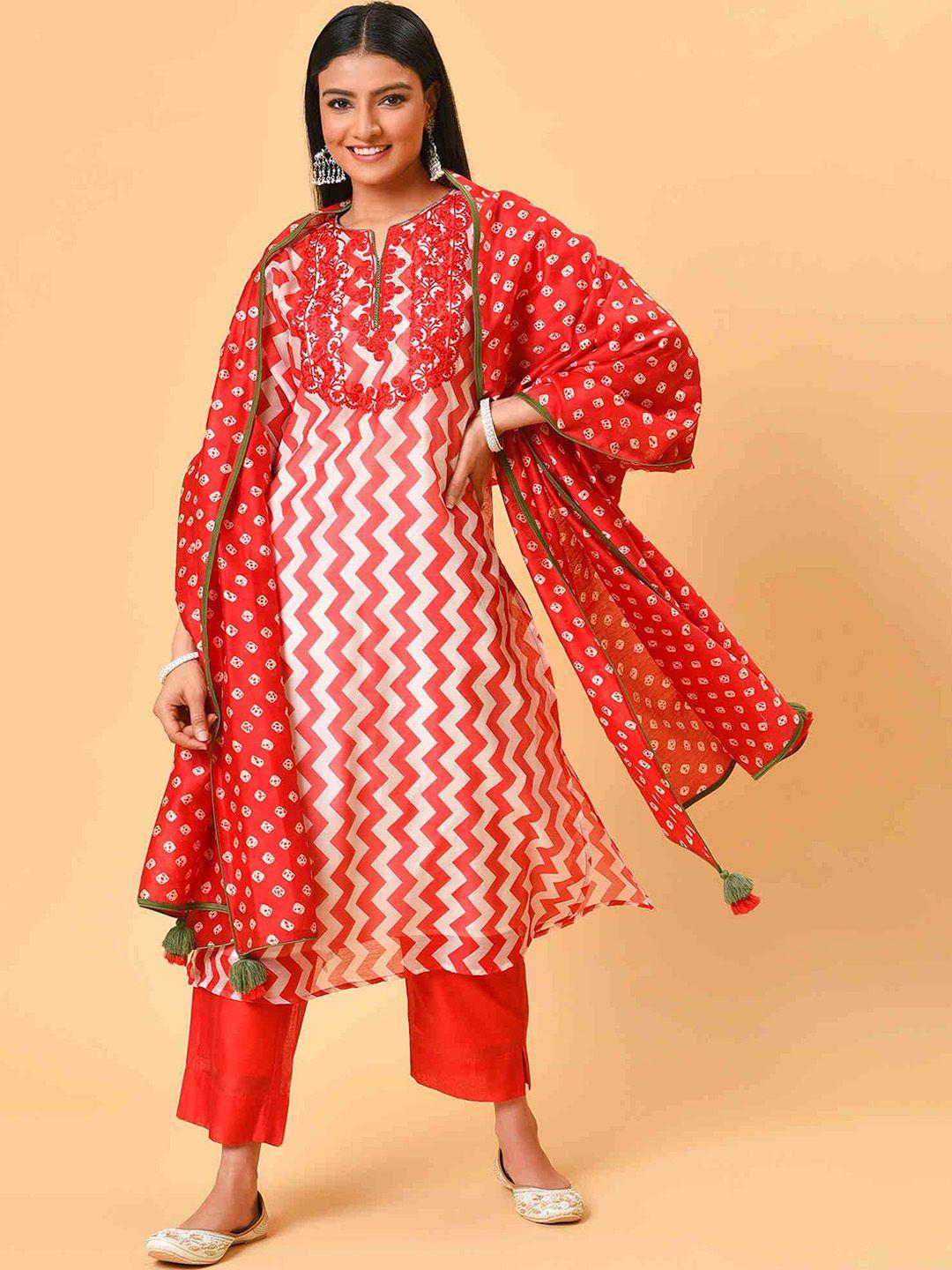 nuhh chevron printed regular kurta with trousers & dupatta