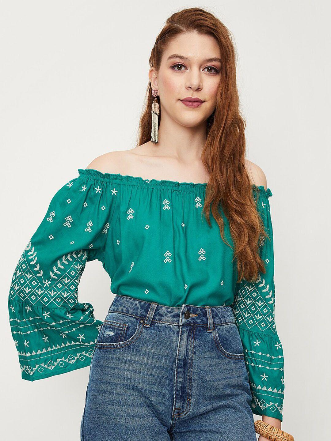 max floral embroidered off-shoulder flared sleeve top