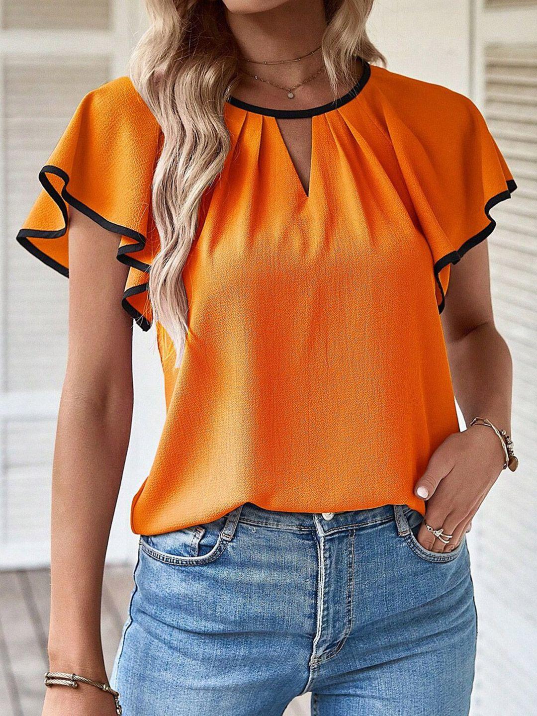 bostreet orange gathered keyhole neck flutter sleeve boxy top