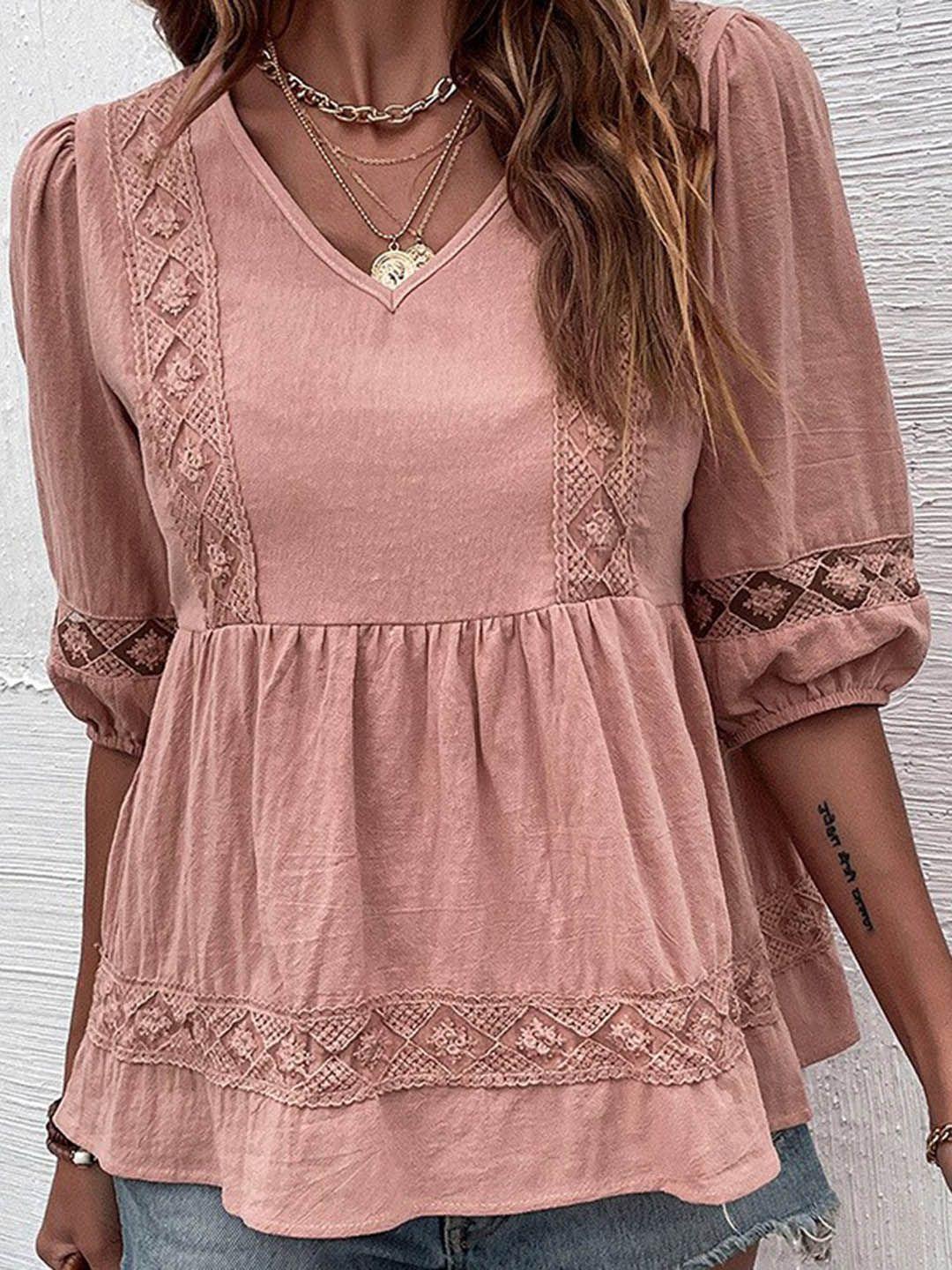 bostreet peach-coloured v-neck puff sleeve lace up a-line top