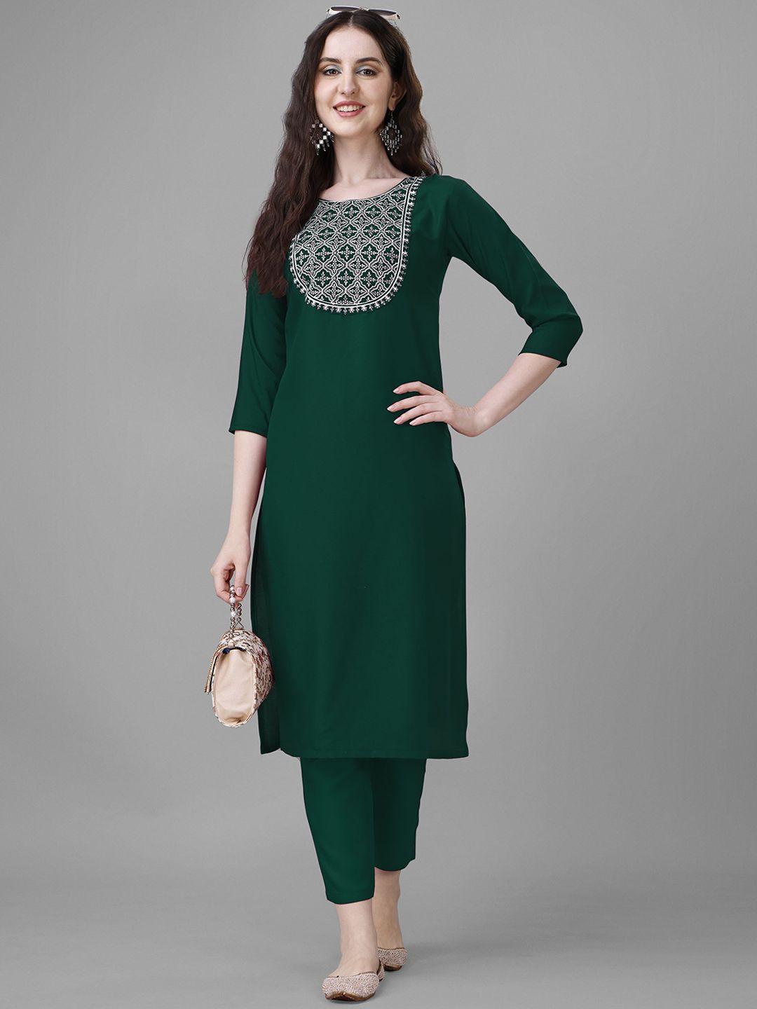 femvy ethnic motifs yoke design sequined straight kurta with trousers