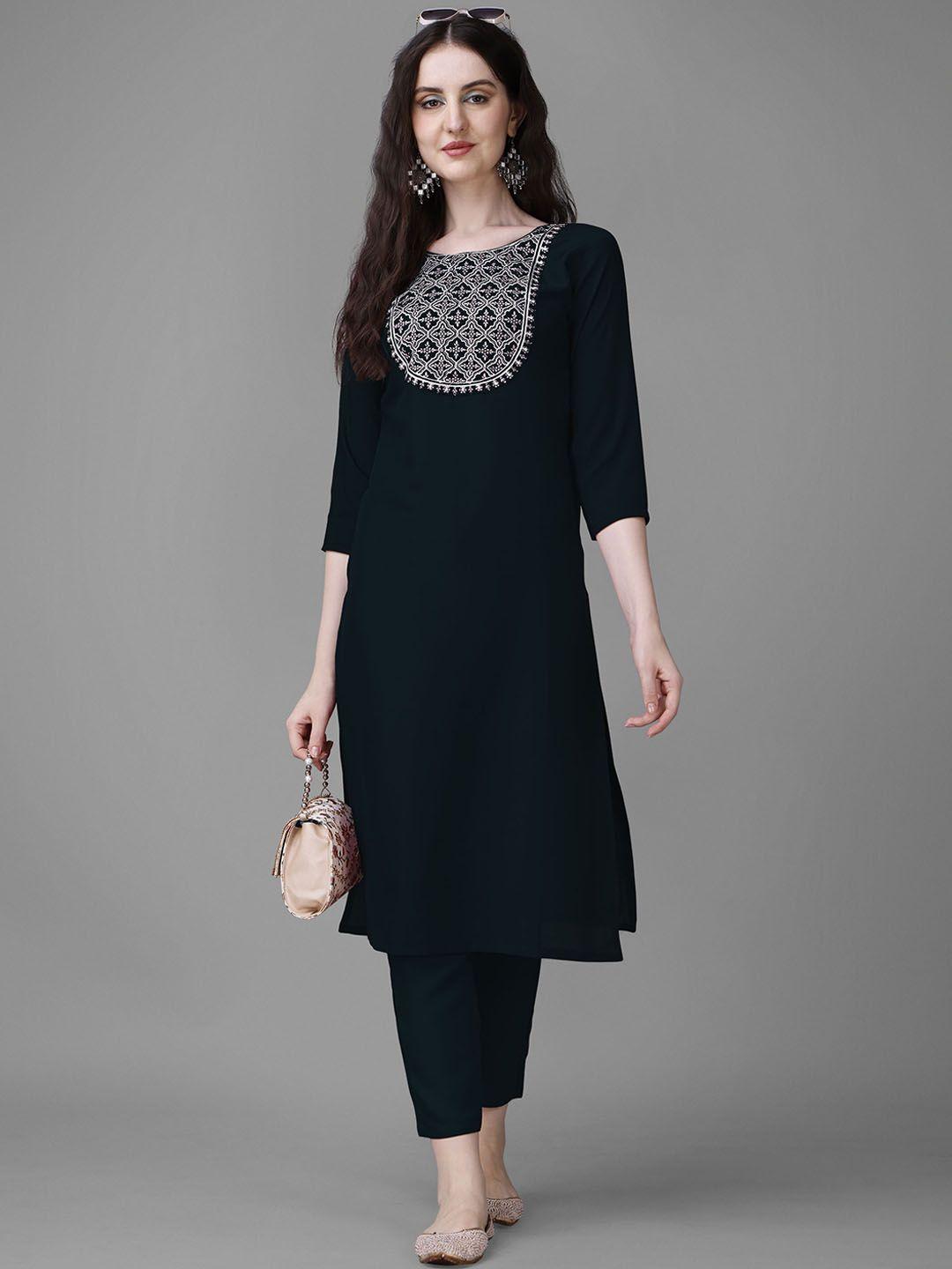 femvy ethnic motifs yoke design sequined straight kurta with trousers