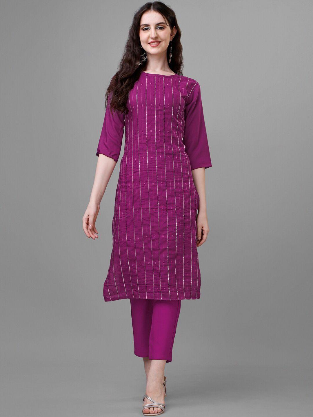 femvy striped embroidered regular sequinned kurta with trousers