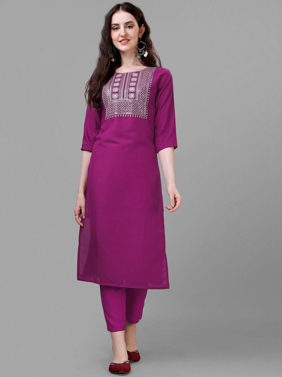 femvy ethnic motifs embroidered yoke design zari & sequined straight kurta with trousers