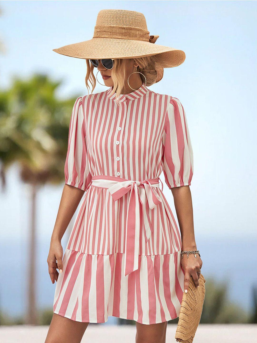 bostreet pink & white striped belted puff sleeves fit & flare dress