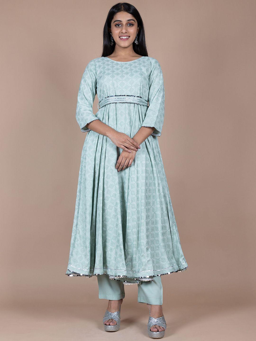 here&now sea green ethnic printed anarkali kurta with trousers