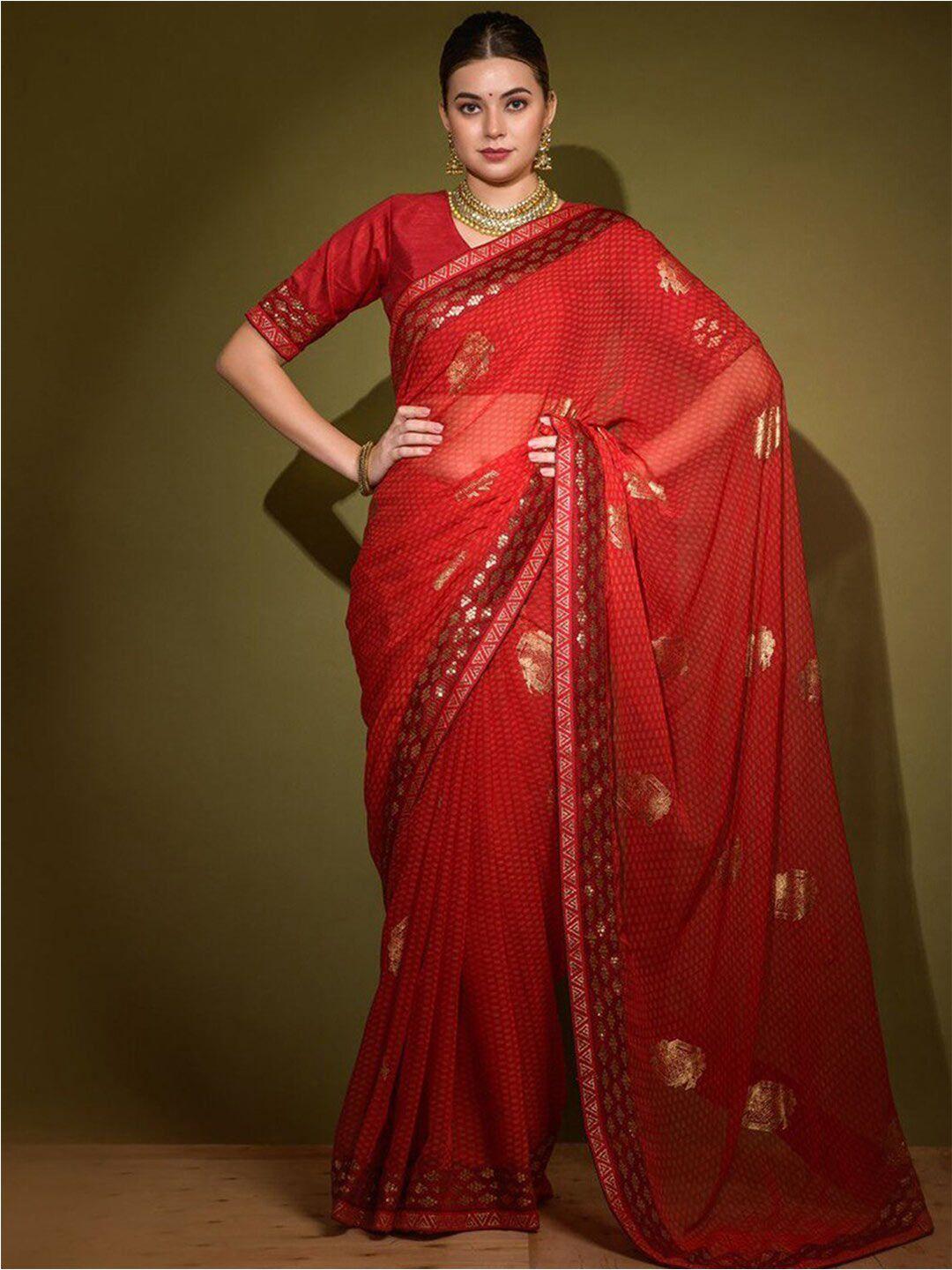 mitera red & gold-toned embellished sequinned poly chiffon saree