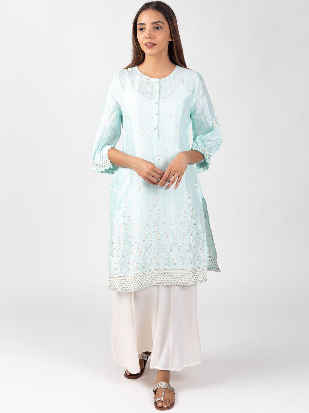 here&now turquoise blue ethnic motifs block printed flared sleeves straight kurta