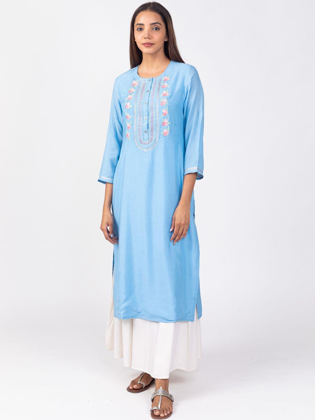 here&now blue thread work yoke design kurta