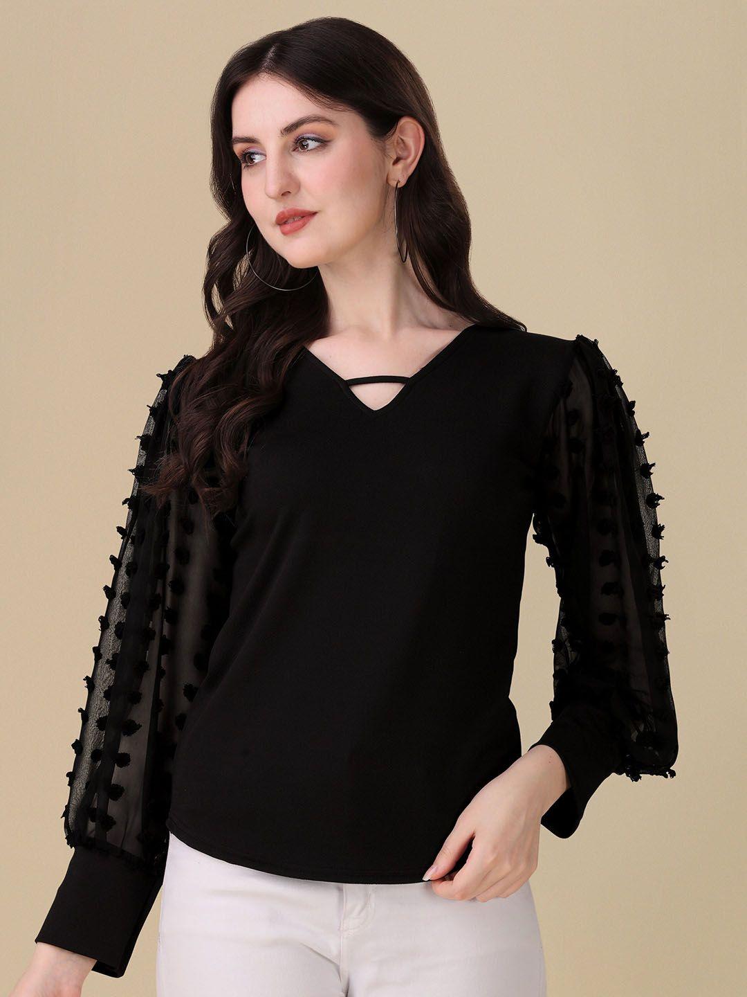 sheetal associates self design cuffed sleeves fringed crepe top