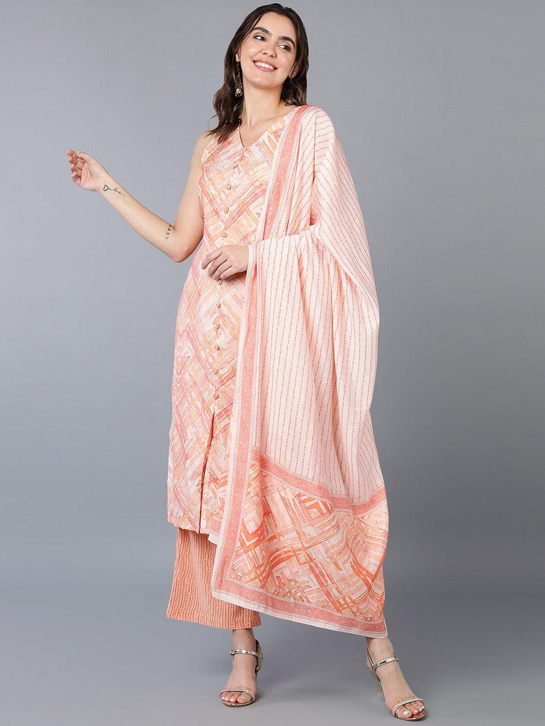 ahika nude & peach colour abstract printed straight kurta & palazzos  with dupatta