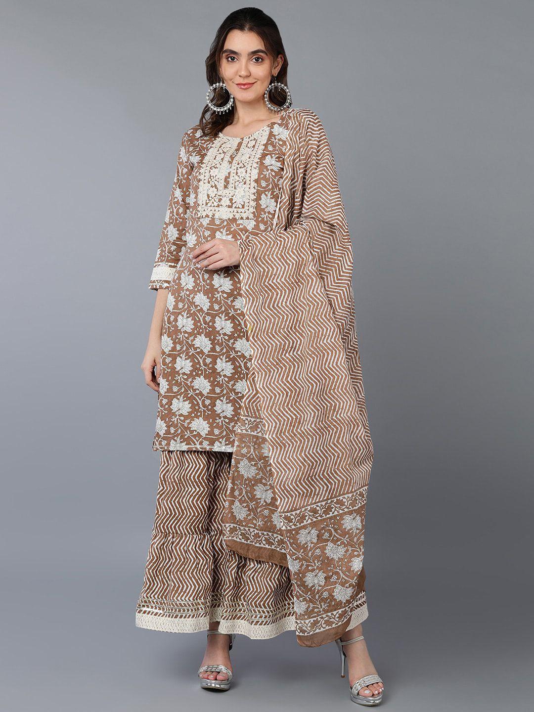 ahika beige yoke design ethnic motifs printed pure cotton kurta with sharara & dupatta