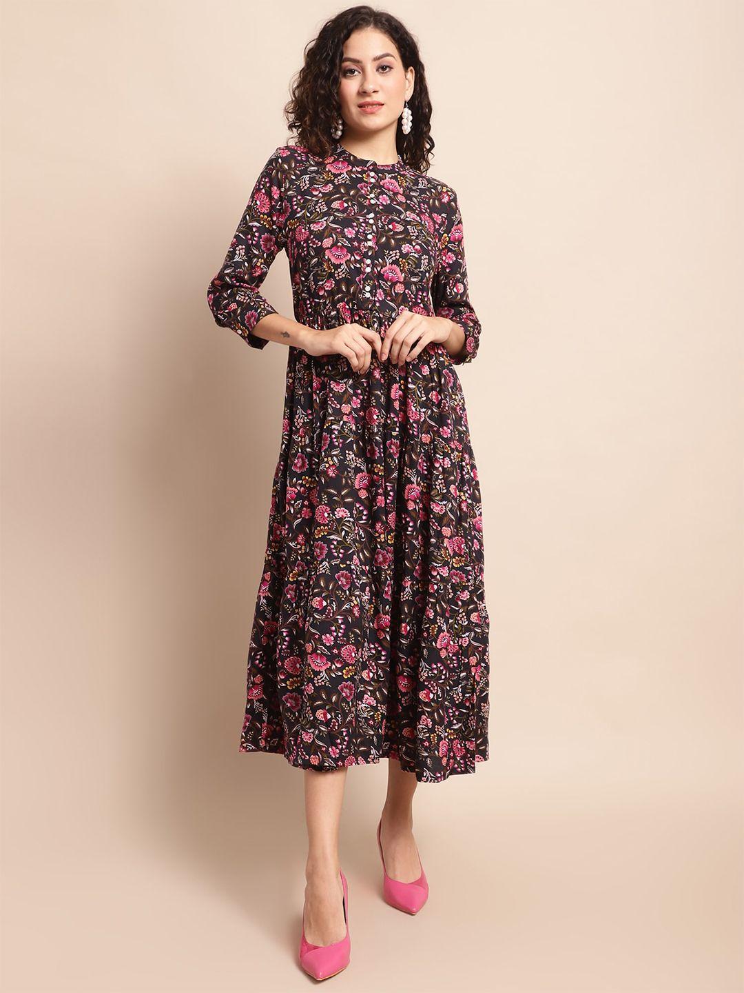 cantabil black floral print fit & flare midi dress