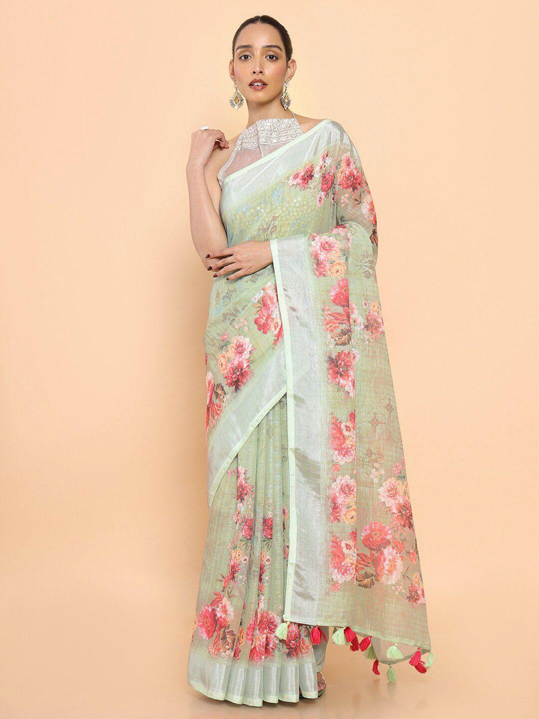 soch green & red floral zari pure linen saree