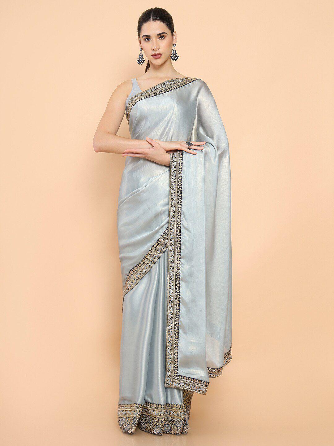 soch grey & gold-toned embroidered pure chiffon saree