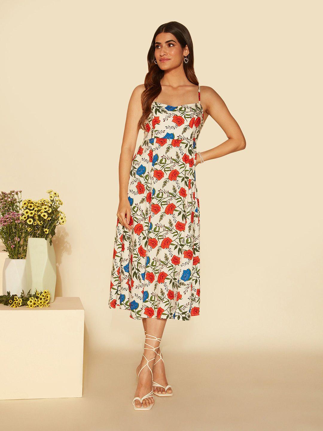 20dresses white floral printed shoulder straps a-line midi dress