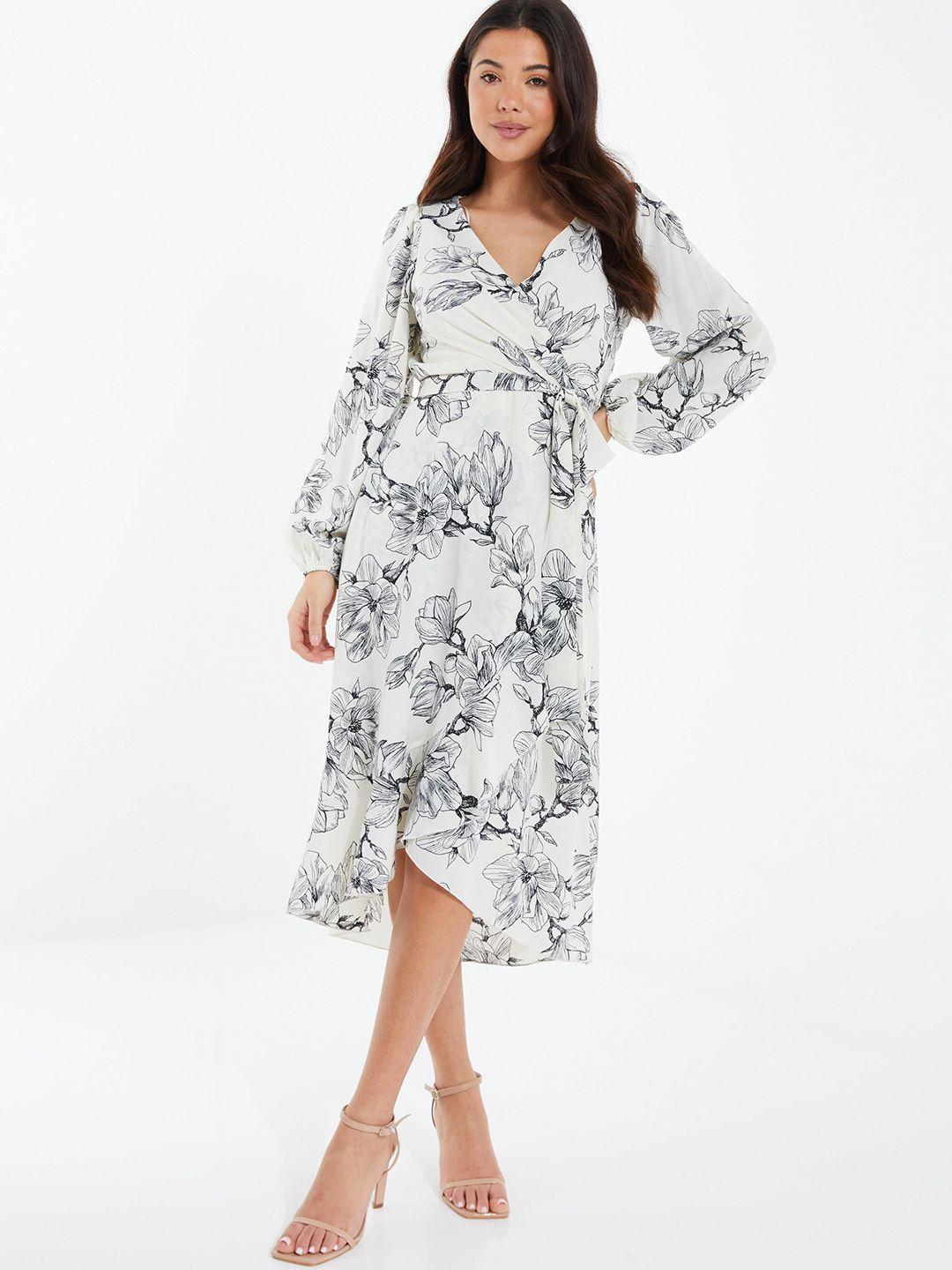 quiz floral printed puff sleeve chiffon midi wrap dress