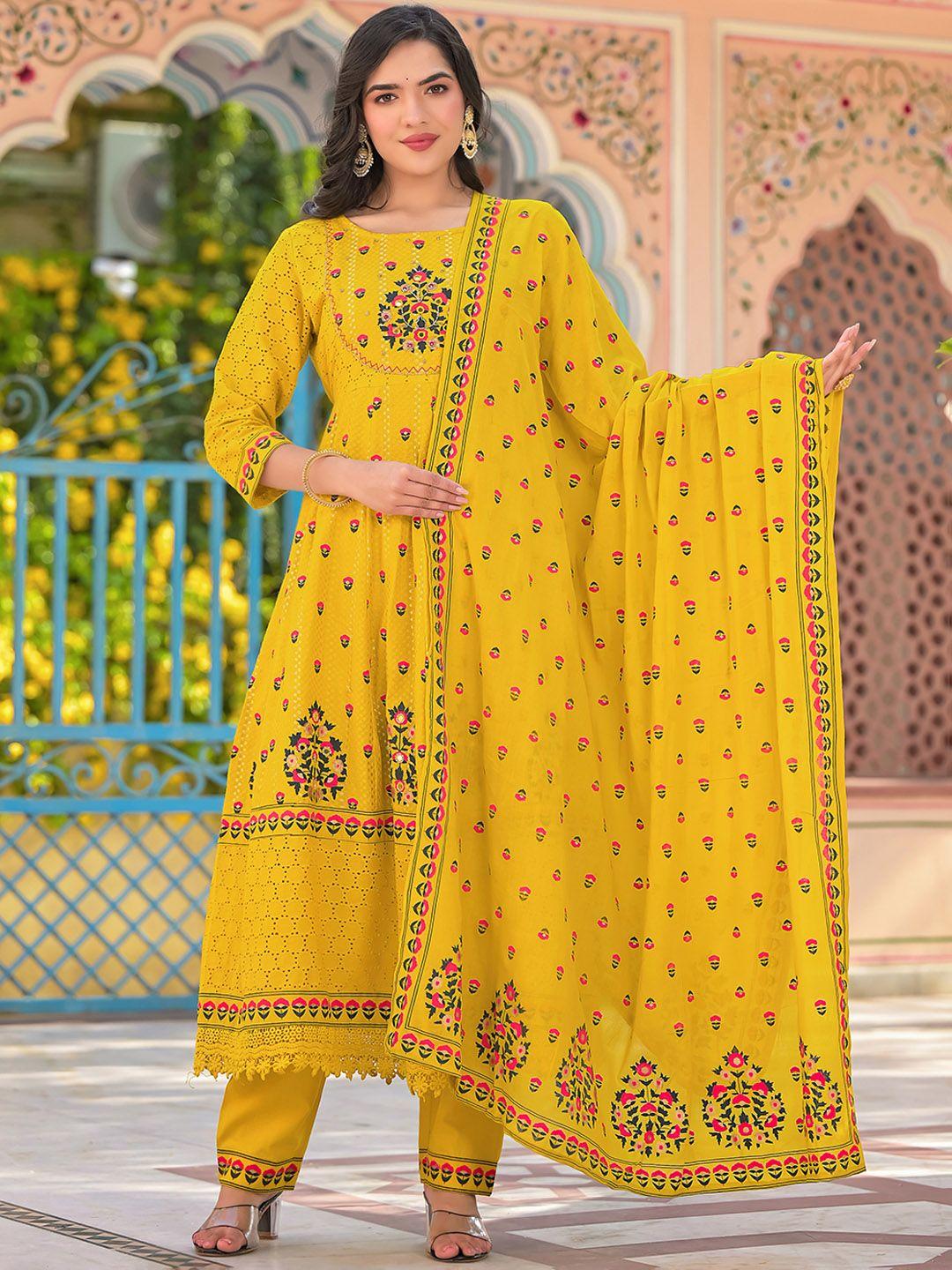 sangria yellow floral printed & mirror work cotton anarkali kurta with trouser & dupatta