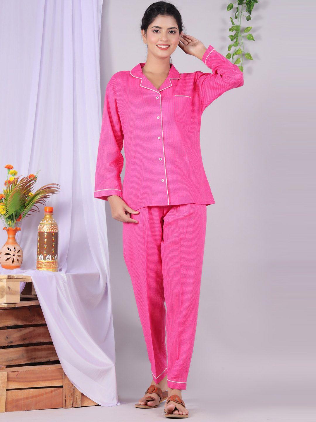 here&now pink & white striped shirt & pyjamas pure cotton night suit