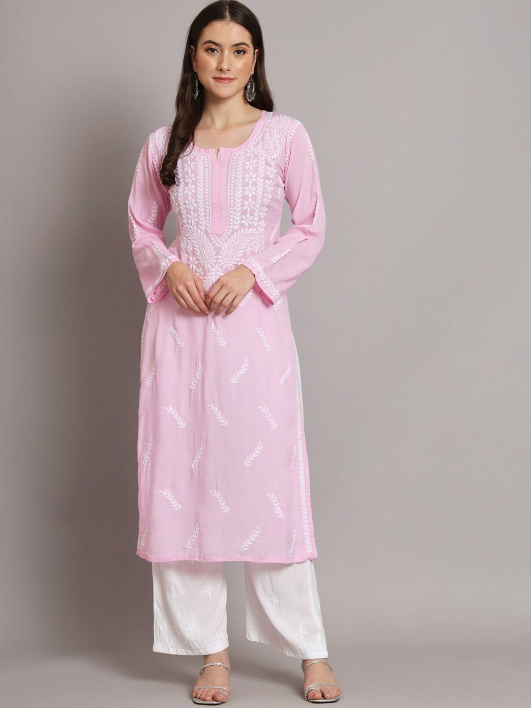 paramount chikan floral chikankari embroidered notched neck straight kurta