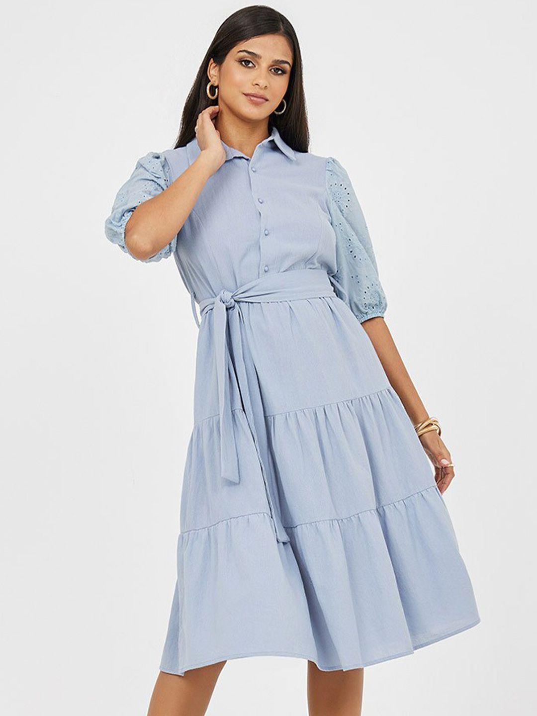 styli puff sleeves tiered cotton shirt midi dress