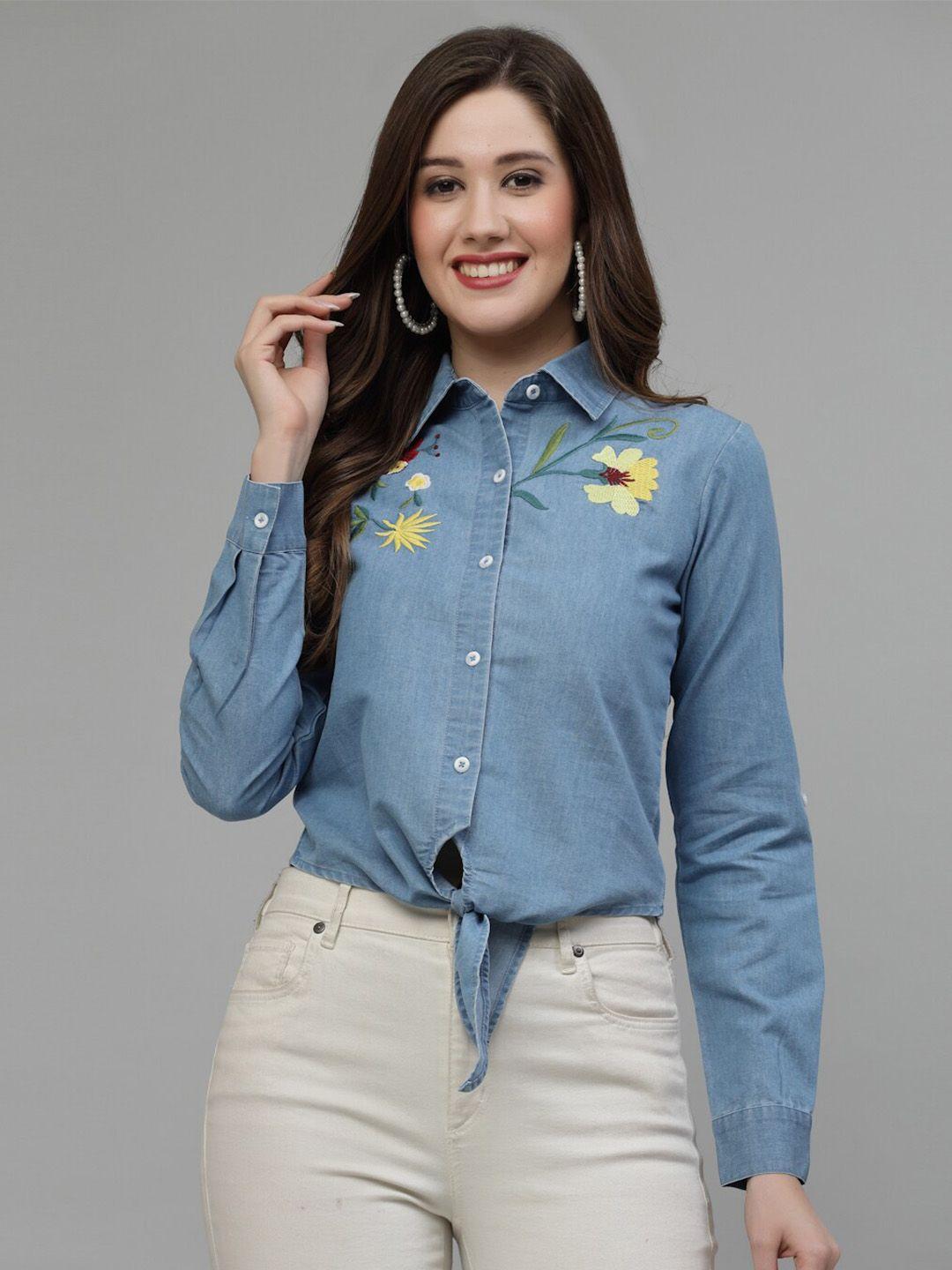 wool trees spread collar embroidered denim shirt