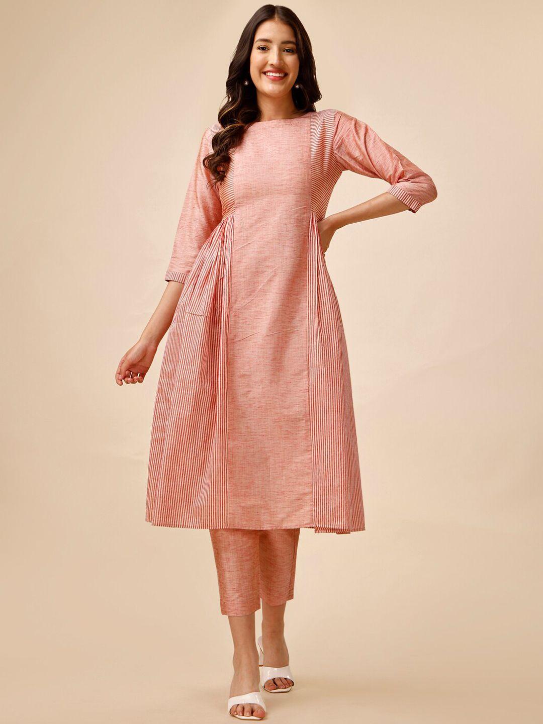 inddus peach-coloured striped pleated a-line kurta with trousers